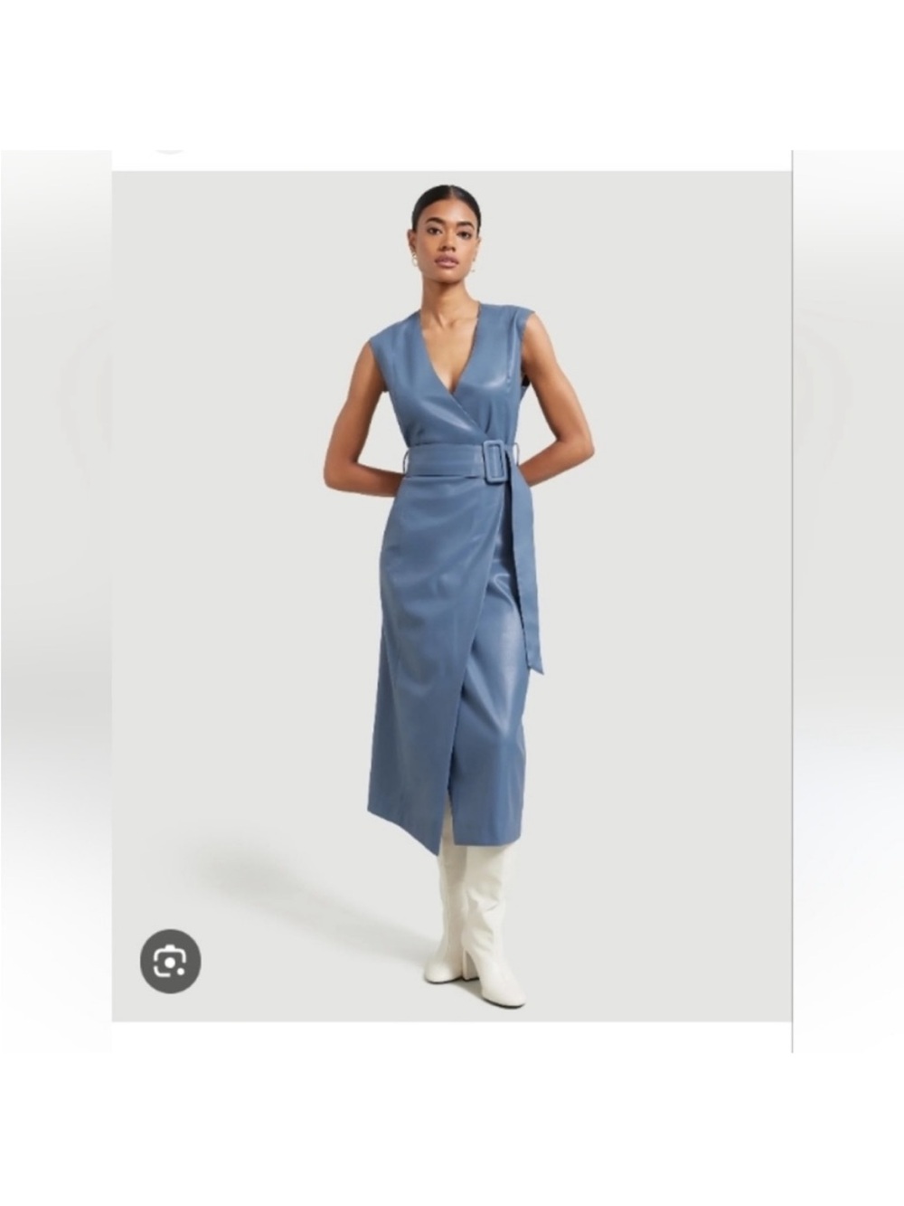 Modern Citizen Steel Blue Sleeveless Wrap Midi Dress with Belt